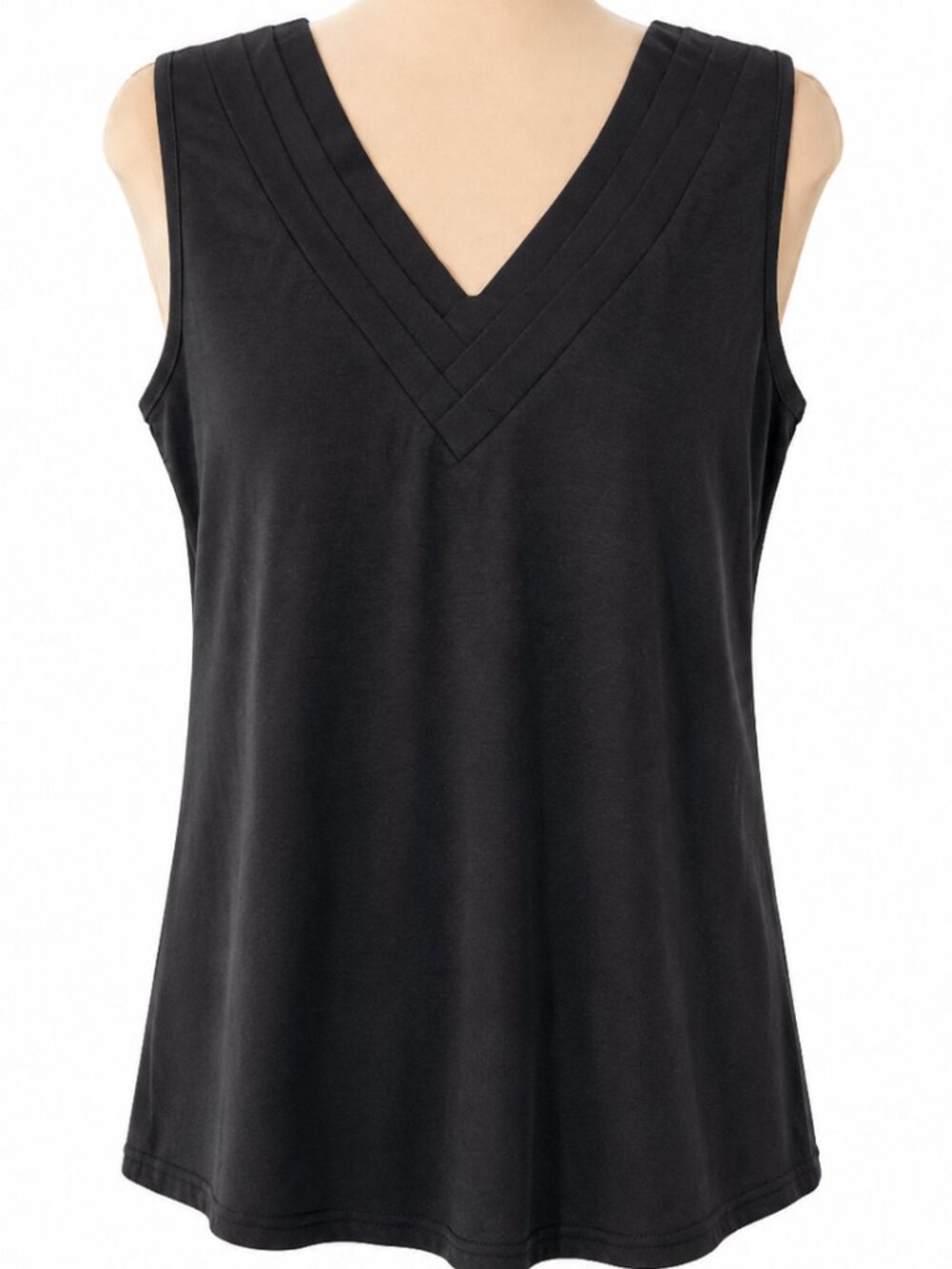 LOMON Tank Top Black Knit V-Neck Curved Hem A-Line Casual Relaxed Fit Size M NWT - Picture 3 of 9